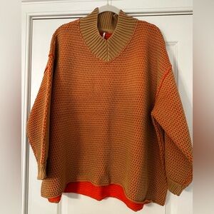 Free People V-Neck Sweater in Tan and Orange
